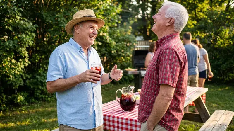 Two neighbors in their late sixties talking beside a picnic table with a pitcher of deep red iced drink at a summer cookout