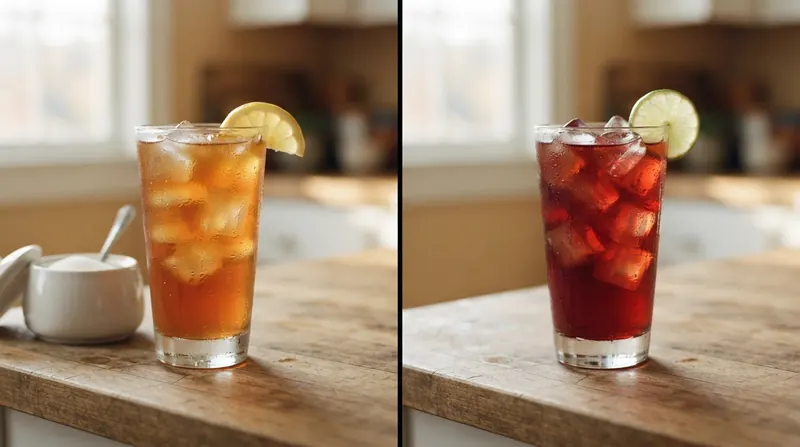 Split image: a glass of sweet iced tea beside a sugar bowl, and a glass of deep red iced tea with a slice of lime