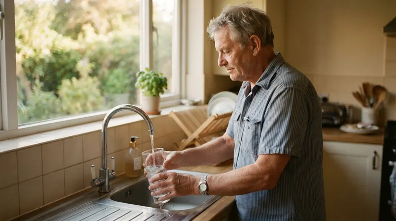 An older man filling a glass of water at the kitchen sink in the late afternoon