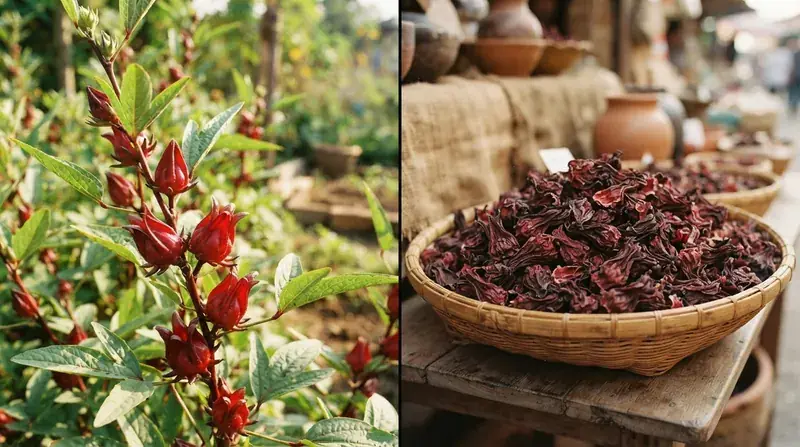 Split image: fresh red roselle calyces on the plant, and a basket of dried hibiscus calyces at a market