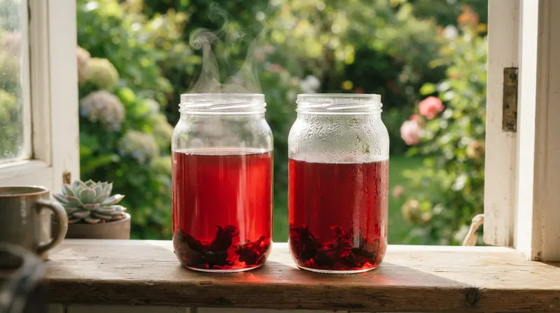 Two glass jars of deep red hibiscus tea side by side on a sunny windowsill, one hot and one cold