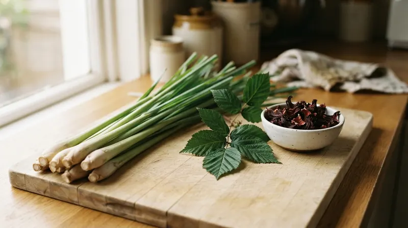 Fresh lemongrass stalks, a sprig of blackberry leaves and a small bowl of dried hibiscus on a wooden cutting board