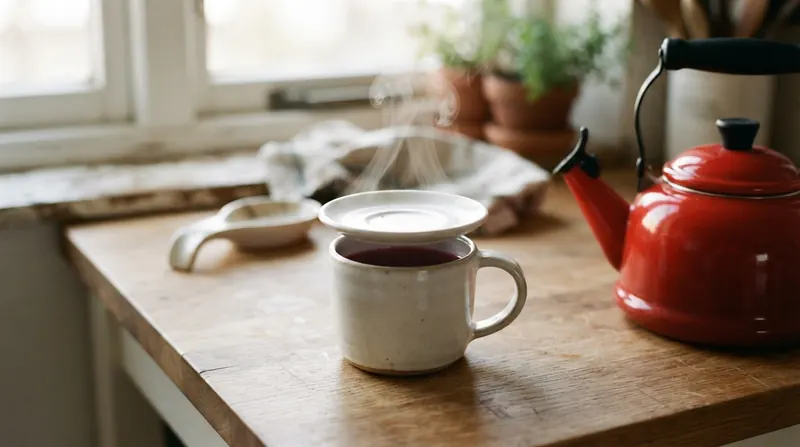A mug of hot red tea covered with a small saucer beside a red enamel kettle on a kitchen counter