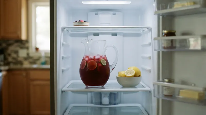 A glass pitcher of deep red iced hibiscus tea on a refrigerator shelf beside a bowl of lemons