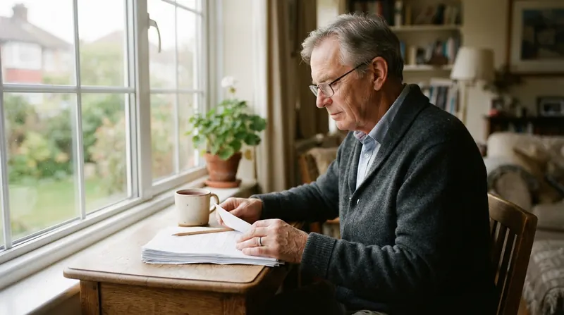 An older man reading a stack of printed pages at a desk, with a mug of red tea beside him