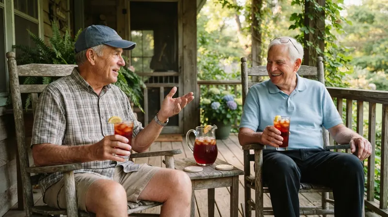 Two men in their late sixties talking on a shaded porch with tall glasses of red iced tea