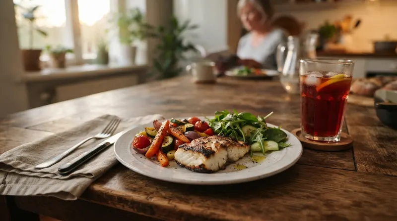A plate of roasted vegetables, grilled fish and salad beside a glass of red iced tea on a kitchen table