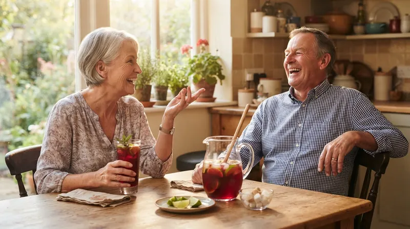 An older married couple talking and laughing at a kitchen table with glasses of red iced tea