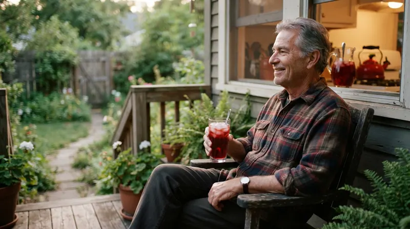 An older man on a back porch in the early evening with a tall glass of red iced tea, looking over his garden