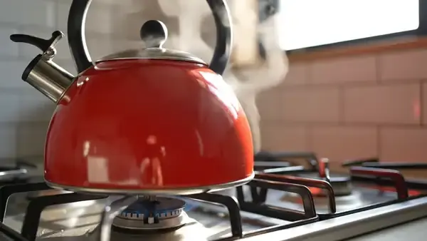 Steam rising from the spout of a red enamel kettle on the back burner of a gas stove
