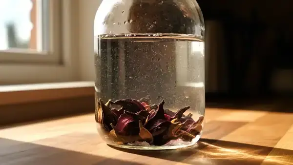 Red color slowly seeping from dried hibiscus calyces into a large glass jar of cold water