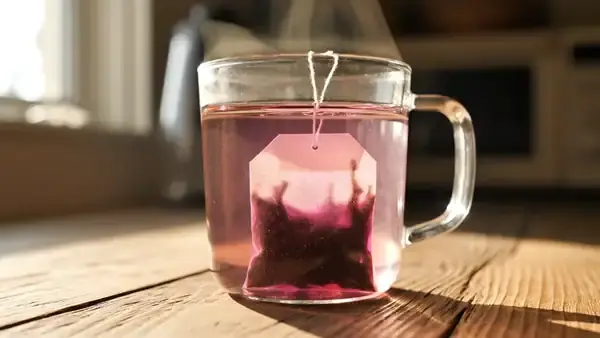 Deep red color swirling out of a tea bag into a glass mug of hot water
