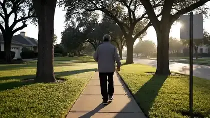 A man in his late sixties walking briskly away along a quiet tree-lined sidewalk in the early morning