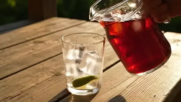 Deep red iced tea poured from a glass pitcher over ice into a tall glass