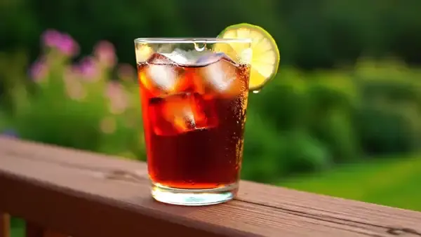 A tall glass of red iced tea with lime on a porch railing, a drop of condensation sliding down the glass