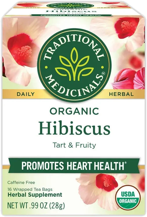 The box of Traditional Medicinals Organic Hibiscus tea, sixteen wrapped tea bags, as photographed by the seller